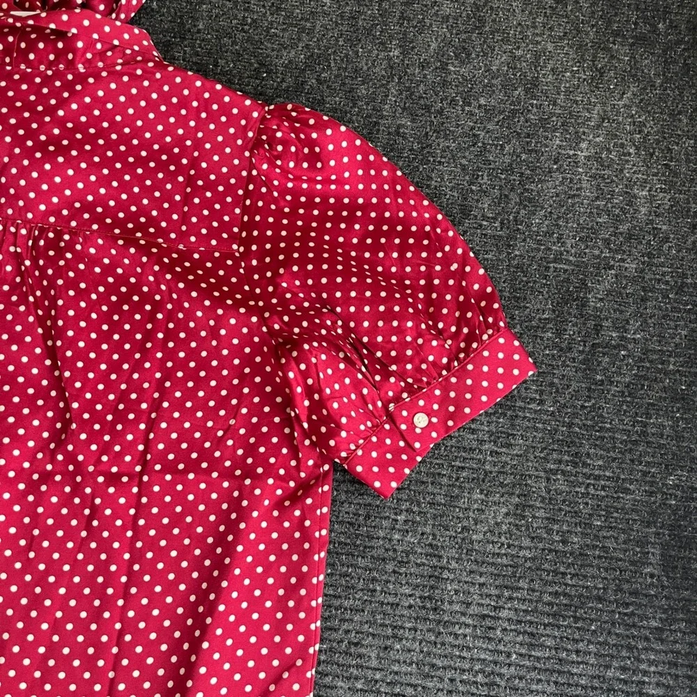 LOFT Polka Dot Blouse Womens Small Red White Tie Neck Puff Sleeve Button Up NEW